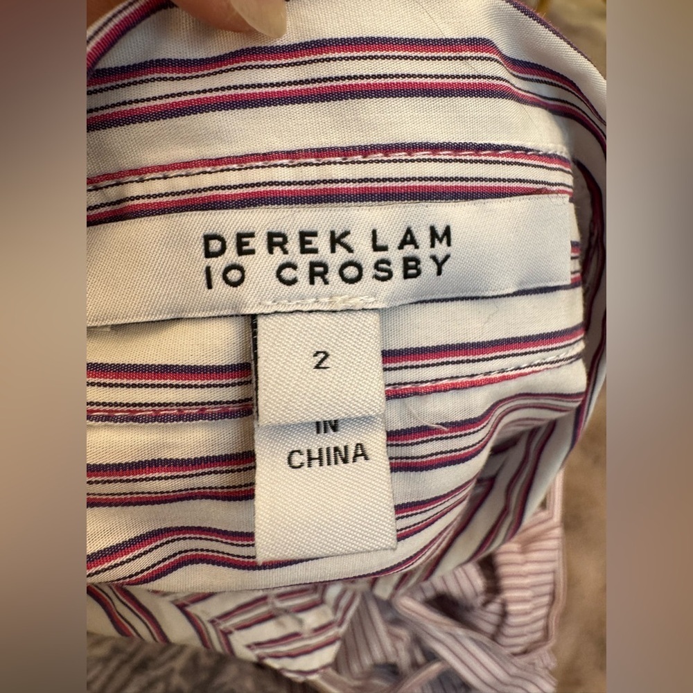 DEREK LAM 10 CROSBY Pei Striped Cotton Mini Shirtdress Color: RED MULTI 2 - Picture 12 of 12